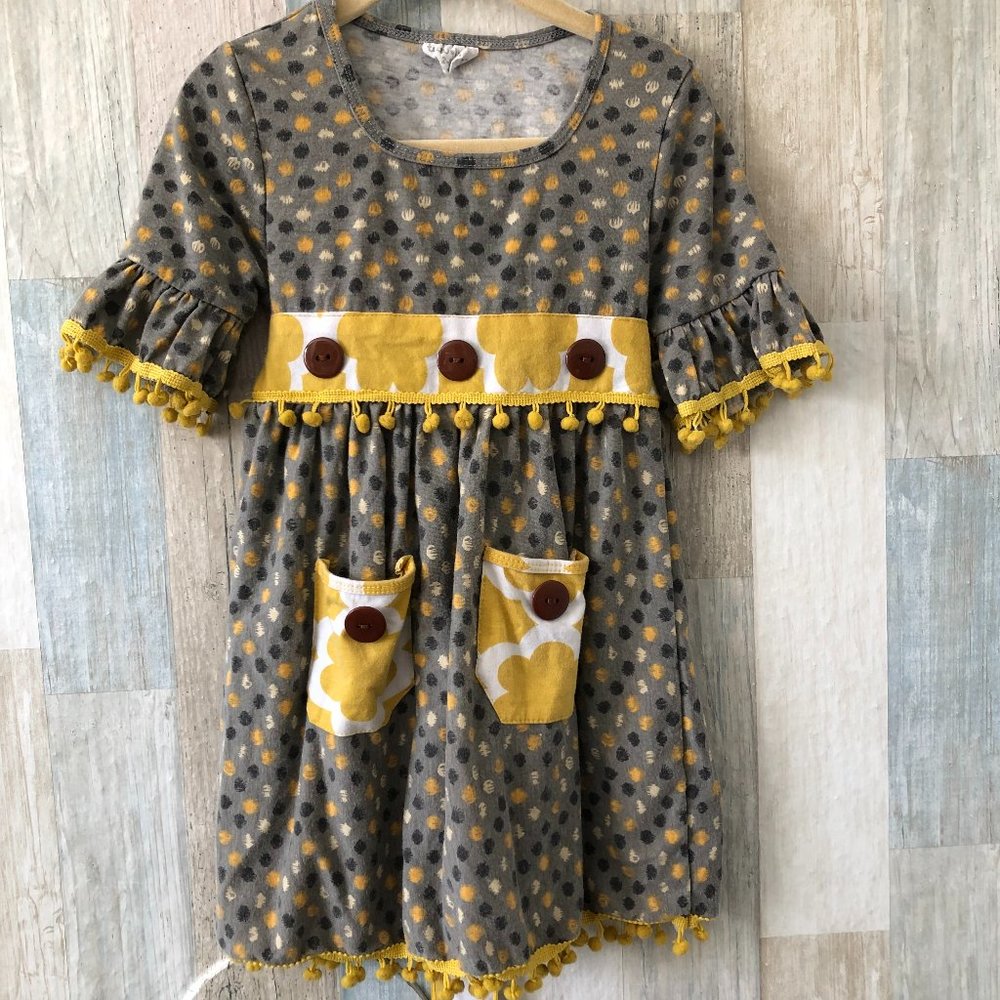 Tutu & Lulu Playful Dress Toddler 2  3 Tasseled Art to Wear Yellow & Gray